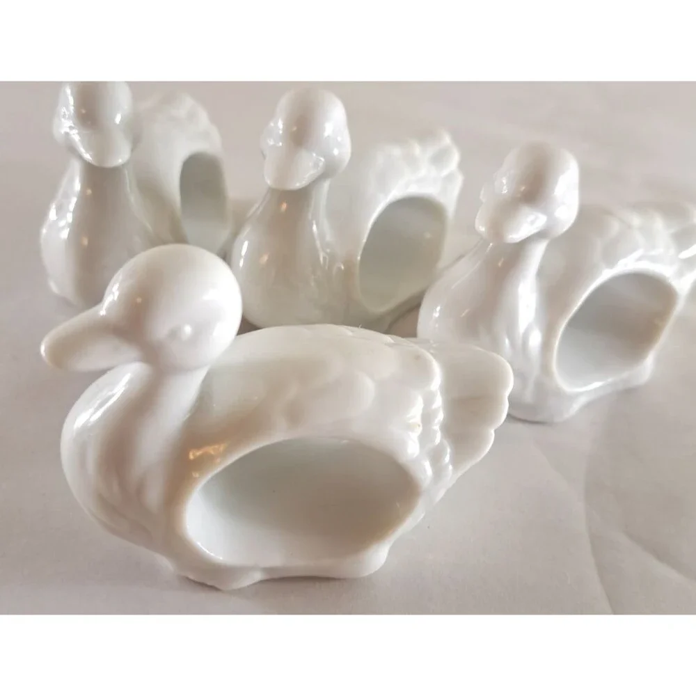 Vintage Duck Napkin Rings White Ceramic Geese Set of 4 Retro Kitsch Japan